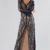 Abito blu in pizzo con spacco frontale