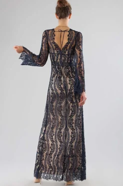 Abito blu in pizzo con spacco frontale
