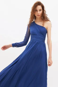 Abito blu monospalla con manica lunga