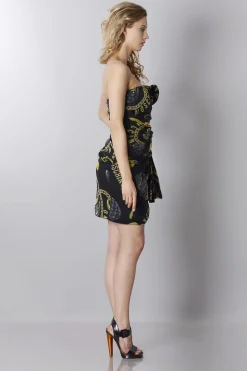 Abito bustier nero in seta con stampa