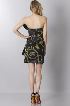 Abito bustier nero in seta con stampa