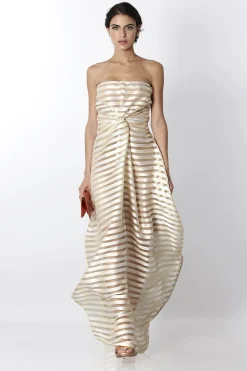 Abito bustier oro con trasparenze