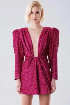 Abito glitter fucsia con maxi spalline