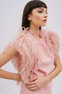 Abito lungo rosa con piume