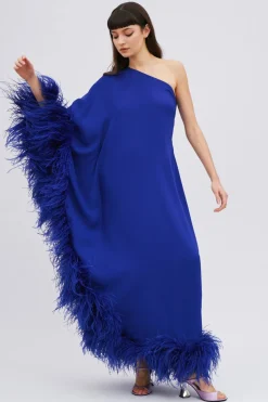 Abito monospalla blu con piume