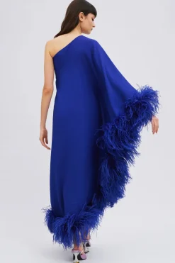 Abito monospalla blu con piume