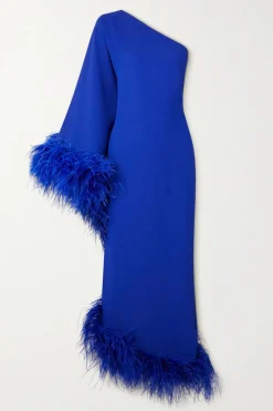 Abito monospalla blu con piume