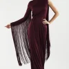 Abito monospalla burgundy con frange