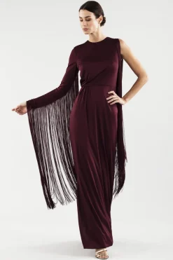 Abito monospalla burgundy con frange