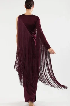 Abito monospalla burgundy con frange