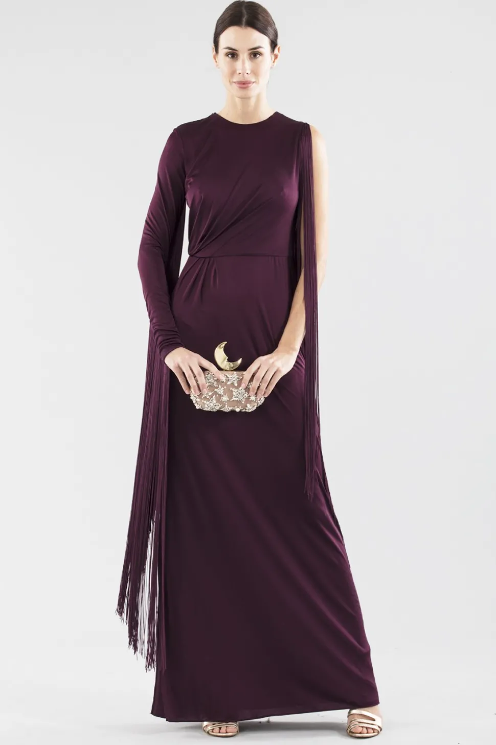 Abito monospalla burgundy con frange