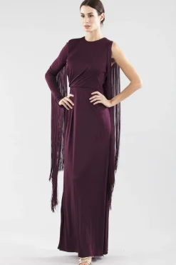 Abito monospalla burgundy con frange