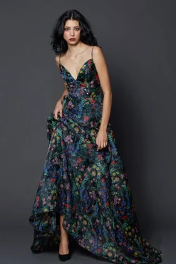 Abito nero fantasia floreale con spalline