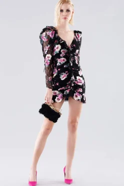 Mini dress a fiori con manica in pizzo